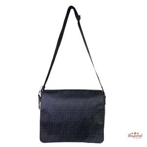 Authentic Fendi Black Zucca Print Coated Canvas Messenger Crossbody Flap Bag